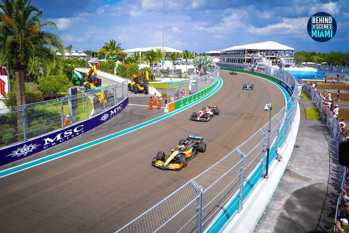 Two cars, one curve: speed at the Miami International Autodrome.